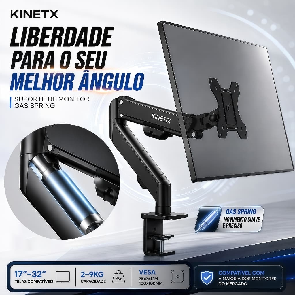 Suporte Para Monitor KINETX Articulado com Pistão a Gás 13-32" Até 10kg VESA 75x75/100x100 Home Office Gamer