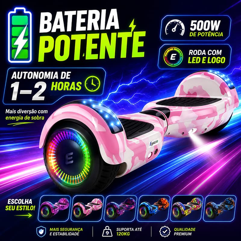 Egazza 500W Hoverboard 6,5" Bateria Potência Longa Autonomia Bluetooth Música Rodas com LED colorido