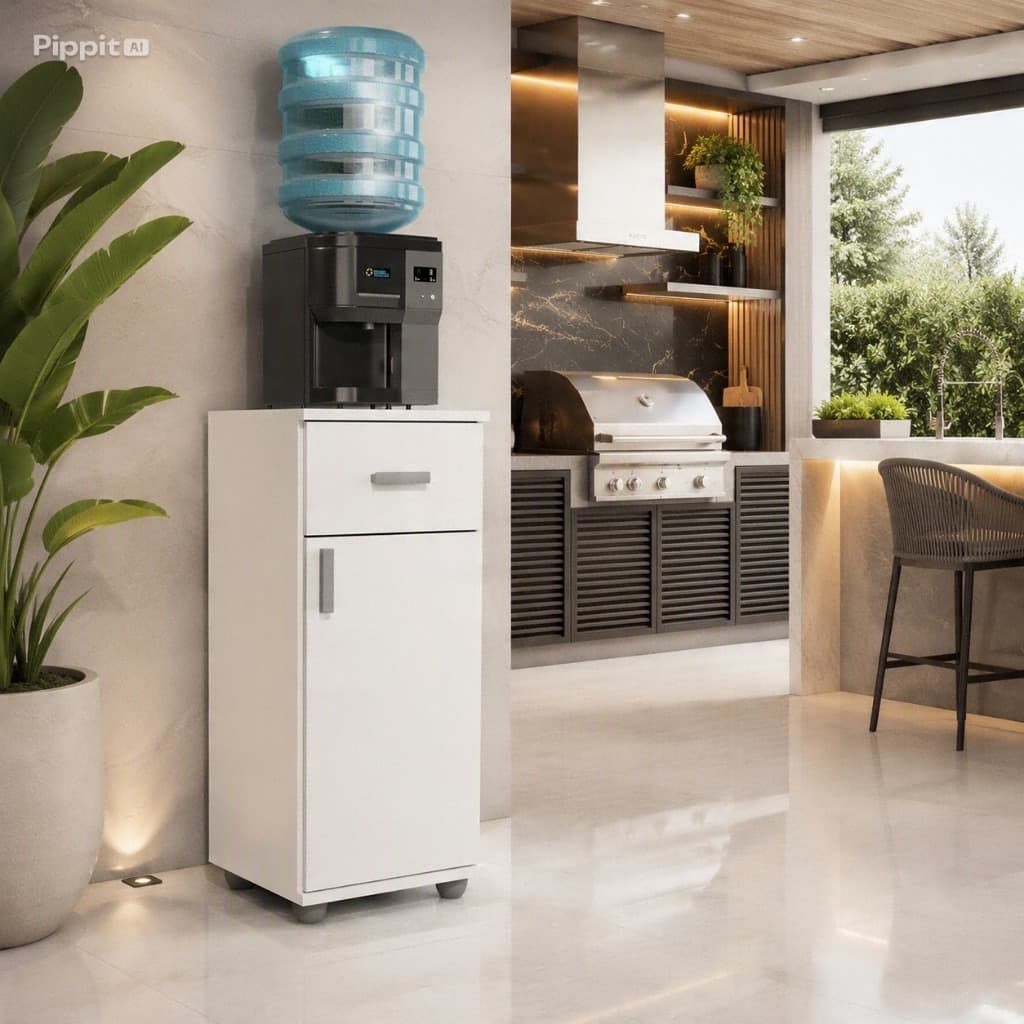 Balcão Cozinha Suporte Galão Água Armário Branco Com Gaveta Fruteira Anna Cor Branco