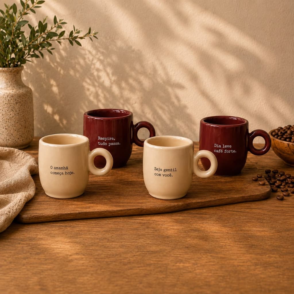 Kit 4 Canecas Pequenas 120mL Frases Bem Estar Café Chá