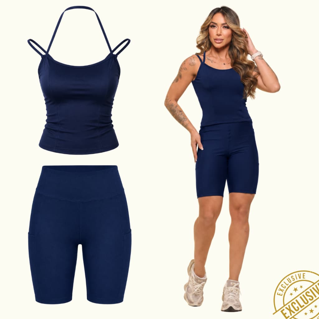 Conjunto Feminino Regata Corset Alcinha + Short com Bolso Suplex Cintura Alta Academia Pilates Yoga