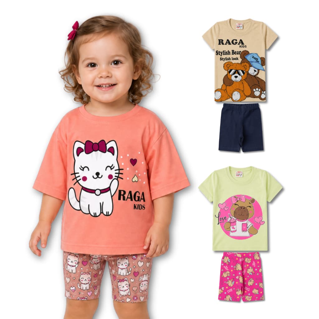 Kit 2 Conjuntos Roupa Infantil Juvenil Menina Verão 4 Peças 2 Blusas + 2 Shorts Sortidos Tam 1 ao 14