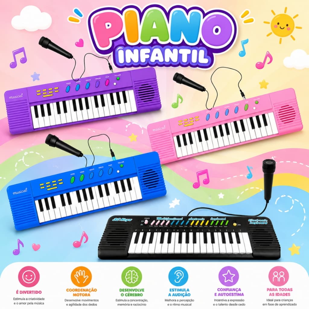 Teclado Infantil Musical Teclas Keys Com Microfone Piano