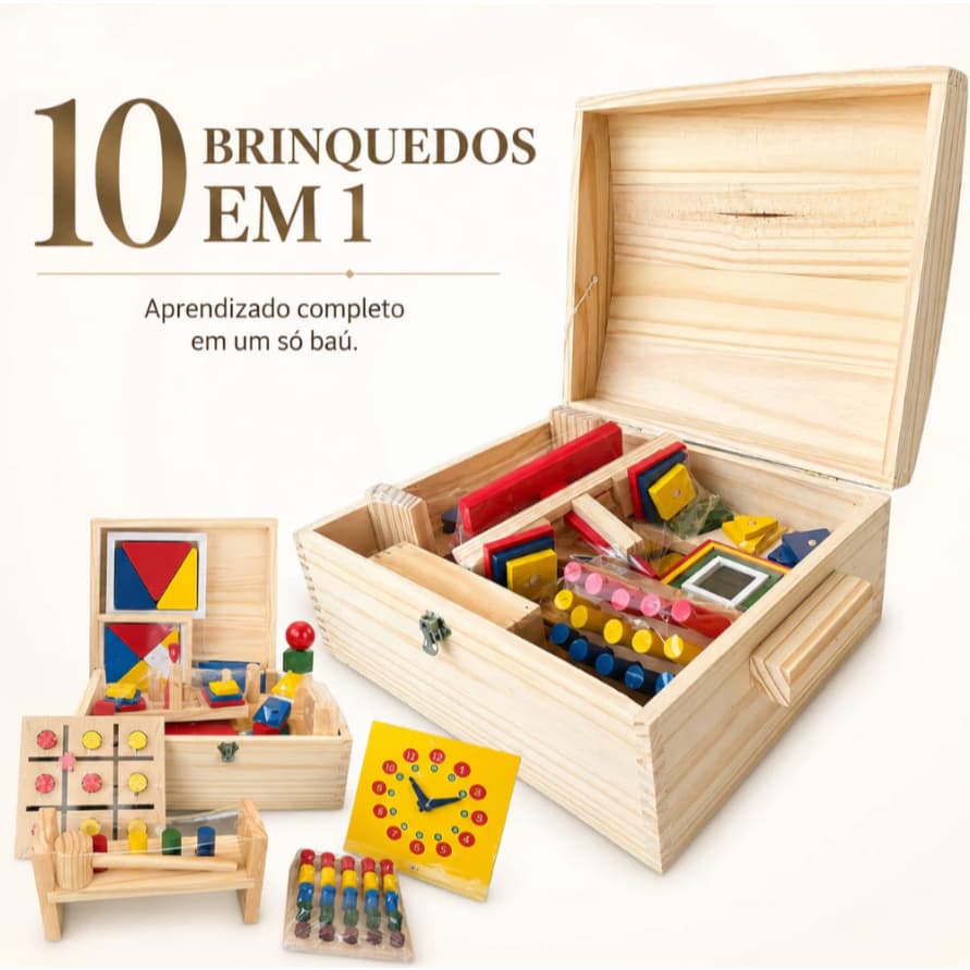 Baú Pedagógico 10 Jogos Feito em Madeira Brinquedo Educativo Pedagógico