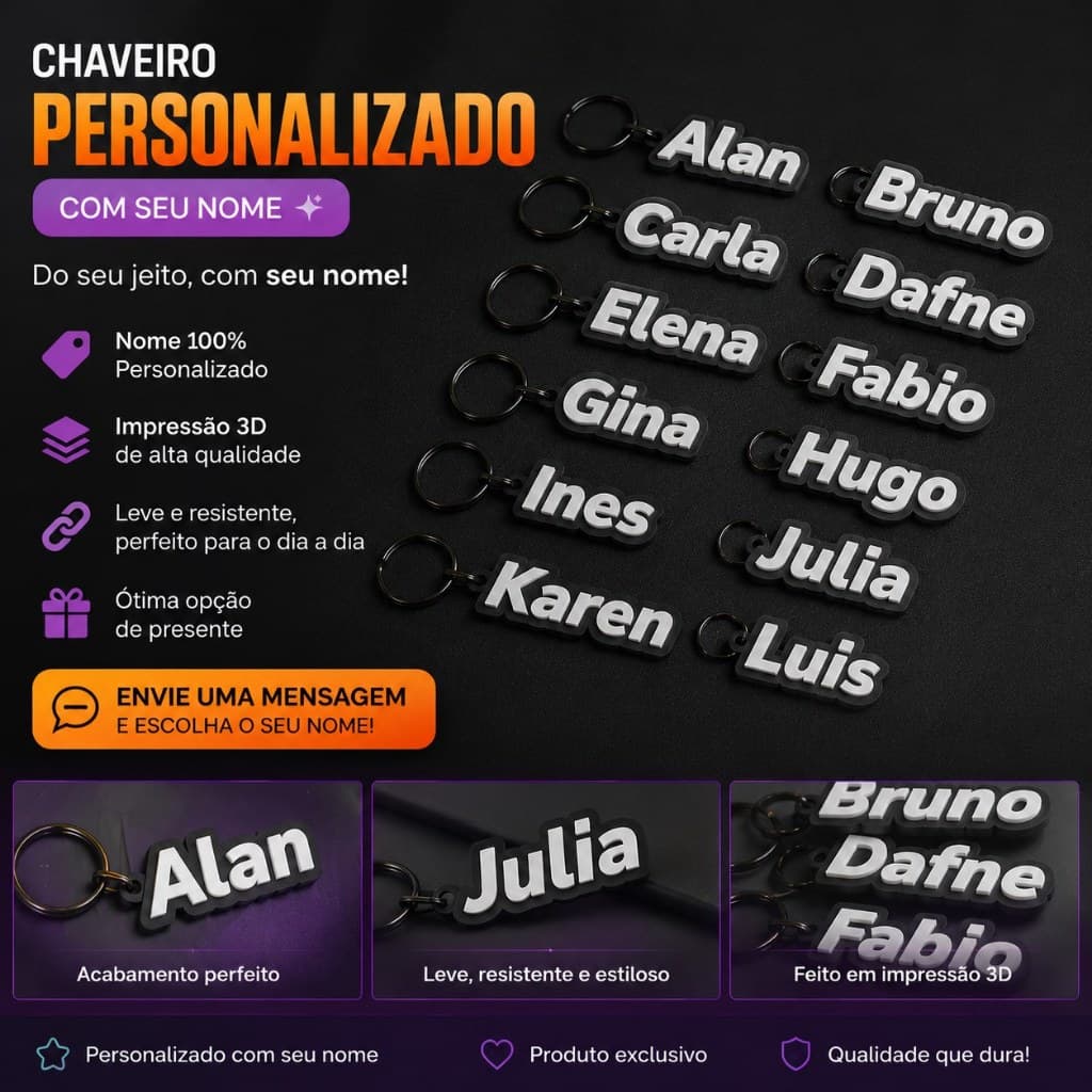 Chaveiro Personalizado com Nome em Impressão 3D | Chaveiro de Nome Personalizado | Presente Criativo