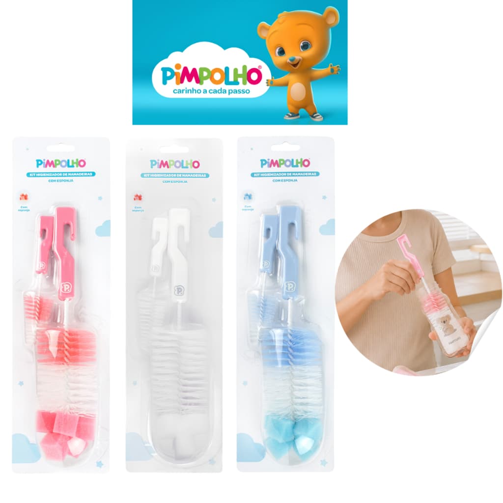 Kit Escovas Para Mamadeiras Bico Canudos Copo Garrafa Com Esponja Pimpolho