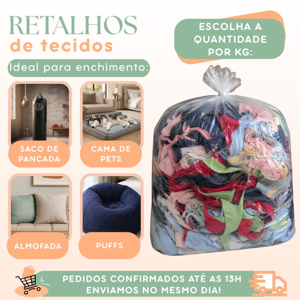 Retalho para Enchimento Saco de Pancada, Almofada, Cama de Pets, Puff Suedine Meia Malha 100% Algodão 5KG 10KG 15KG