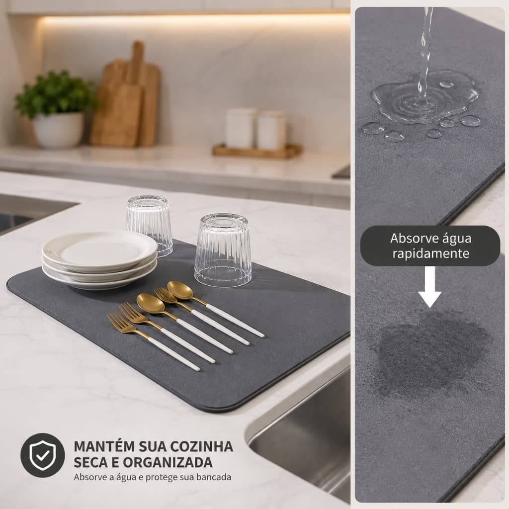 Esteira de Secagem de Louças 40x30cm Tapete Escorredor de Pratos Copos Talheres Antiderrapante Bancada Cozinha