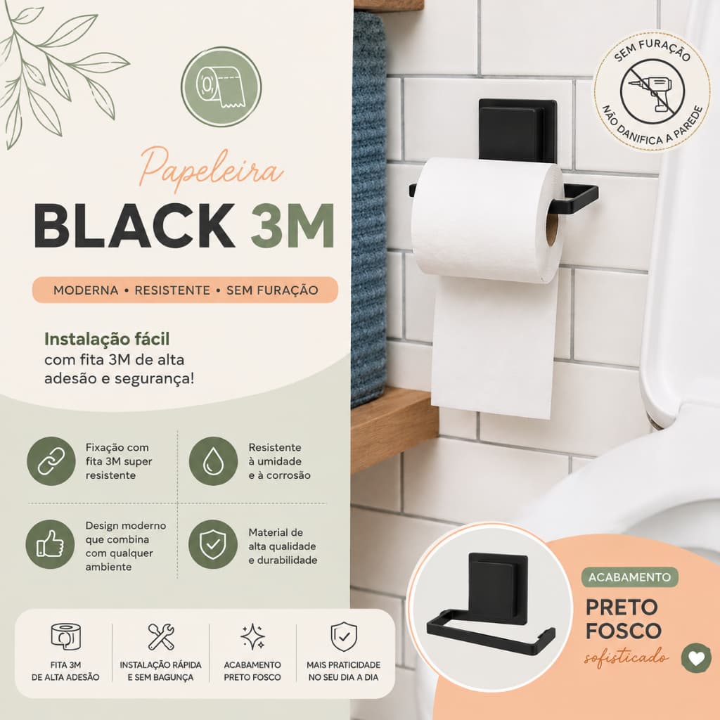 Papeleira Black Porta Papel Higiênico Banheiro Sem Furo Fita 3M