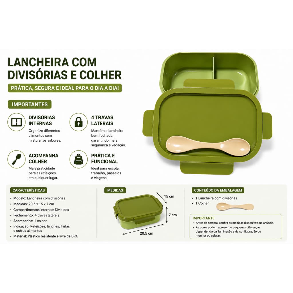 Lancheira Verde Hermética 2 Divisórias com Colher, 4 Travas e Fechamento Seguro