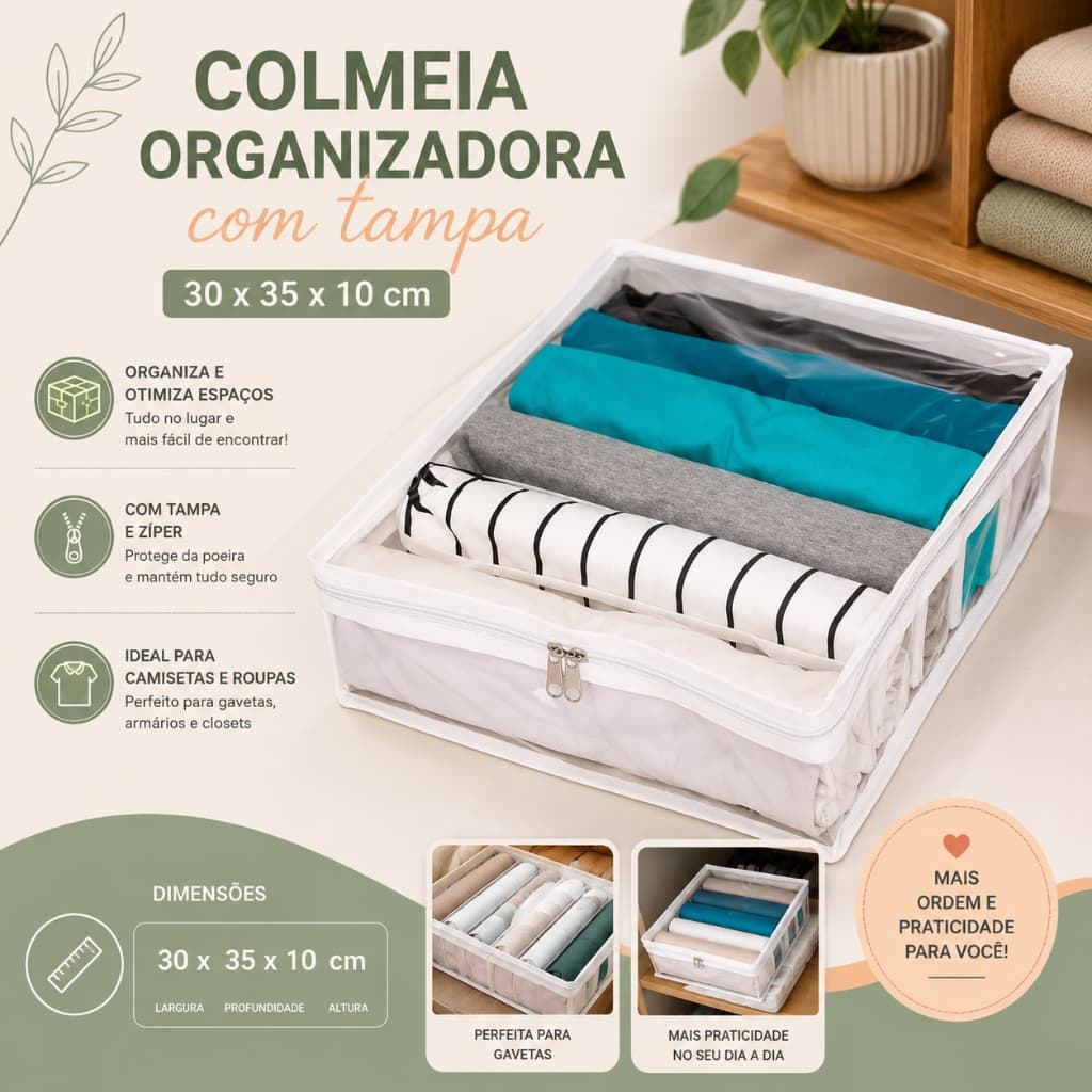 Organizador de Gaveta com Divisórias e Tampa 30x35x10cm para Camisetas e Roupas Multiuso