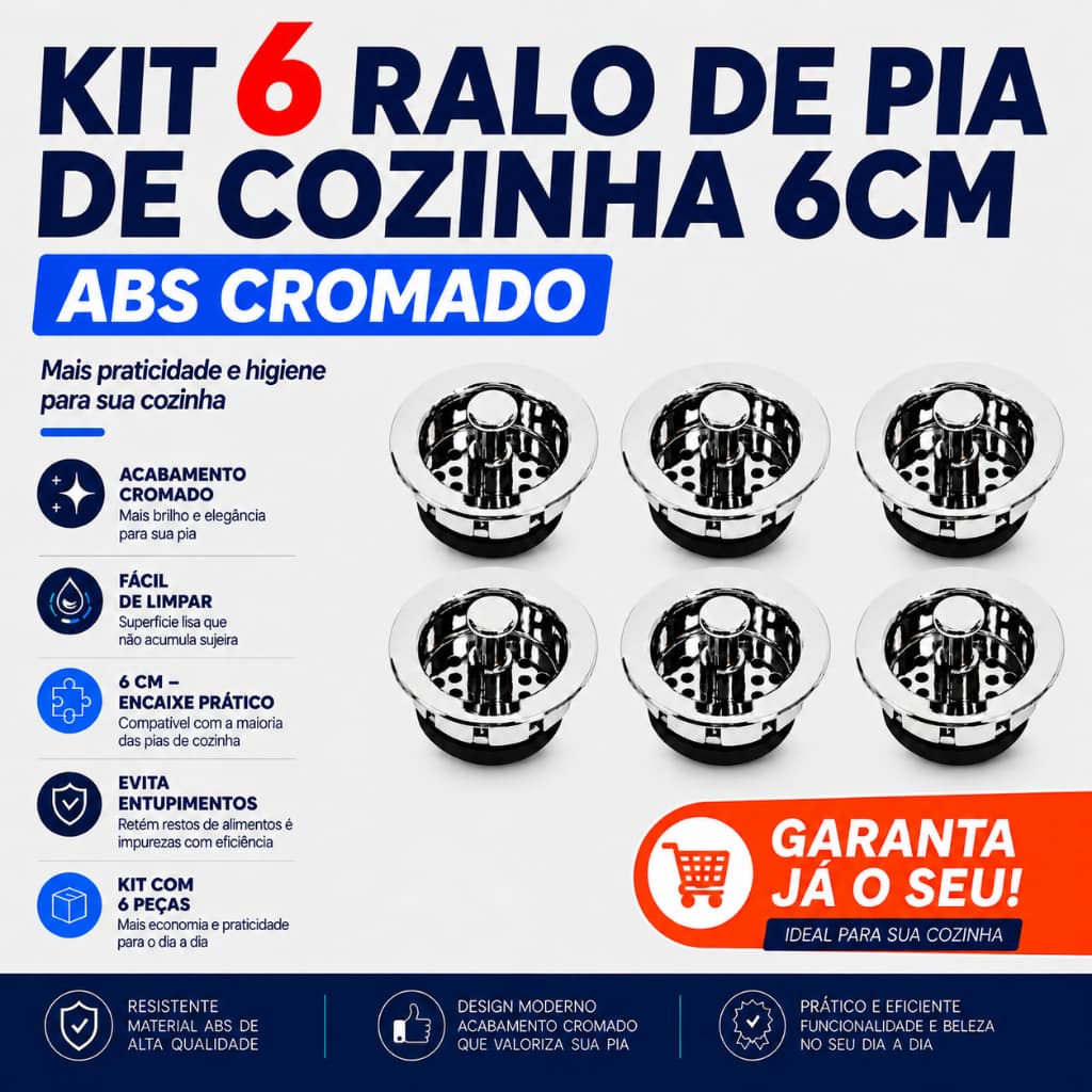 Cestinha Ralo de Pia de Cozinha 6cm Válvula Americana Cesto Cromado ABS Kit com 6 Unidades Anti Entupimento e Protetor