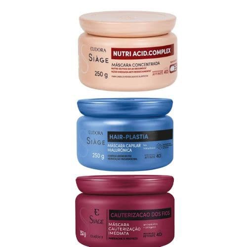 Máscara Concentrada Nutri Acid.Complex Eudora - 250g+Máscara Cauterização Dos Fios 250g+Máscara Capilar Siage Hair Plast