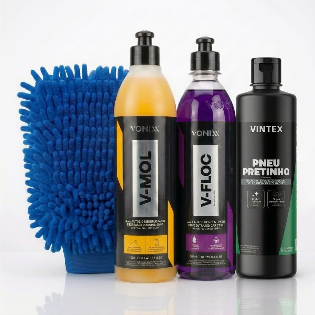 Kit Lavagem Automotiva V-MOL + V-FLOC + Pretinho + Luva de Microfibra Vintex Vonixx Para Lavar Carro e Moto