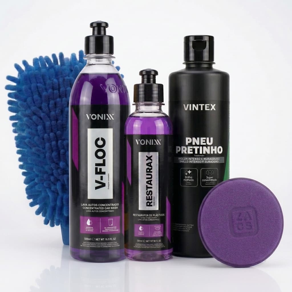 Kit Vonixx V-Floc + Restaurax + Pretinho + Aplicador + Luva Microfibra Para Lavar Carro e Moto Shampoo Automotivo