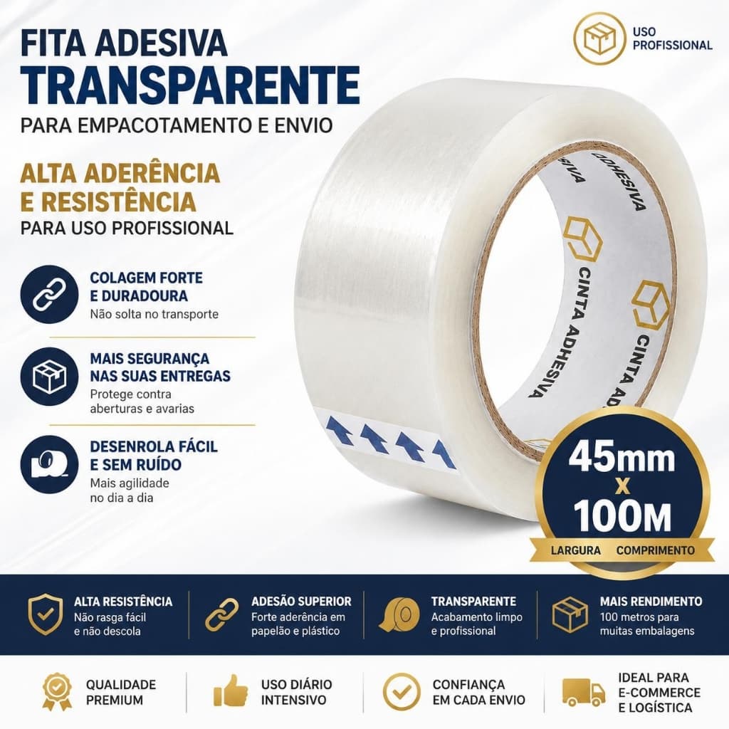 Kit Fita Adesiva Durex 45 X 100 Para Embalagem e Fechamento de Caixas