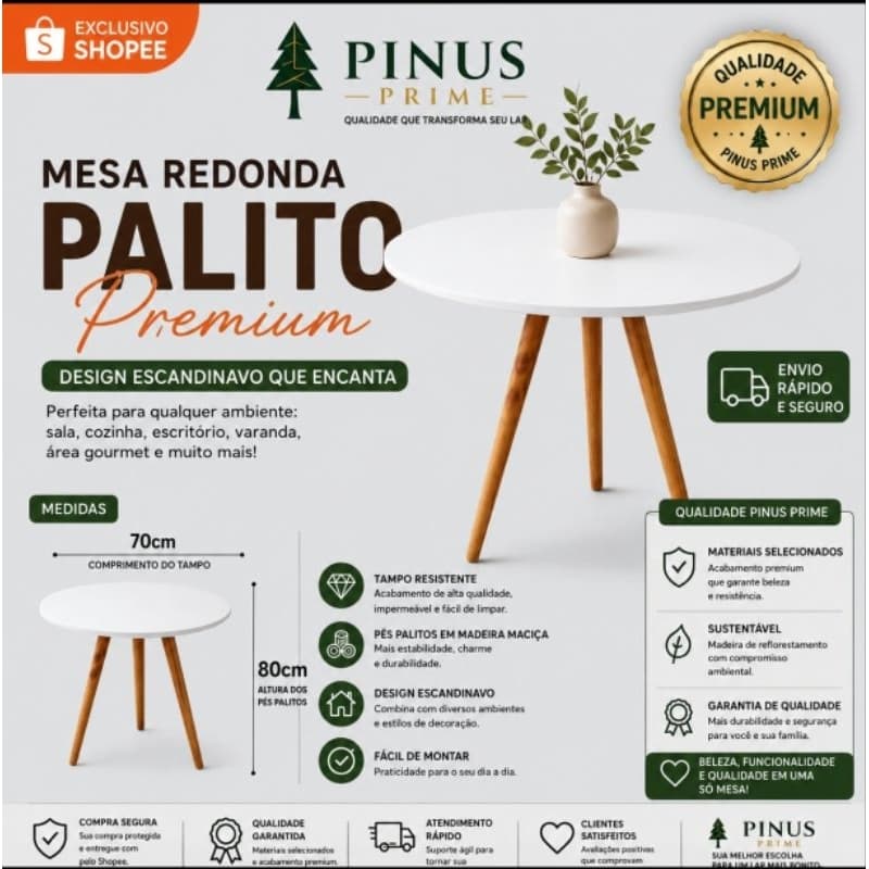 🔥 Mesa Redonda 70cm Palito Premium – Estilo Escandinavo – Branca – Ideal para Sala, Cozinha e Escritório