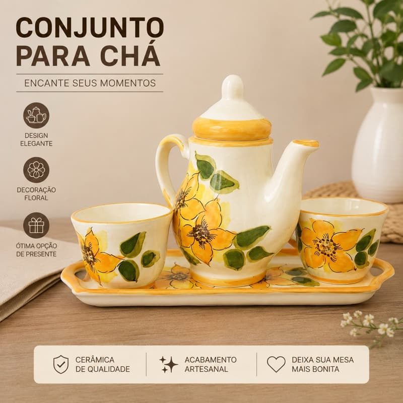 Jogo De Chá Café Decoração - Enfeite Cozinha - 4 Peças - Bule Xícara Travessa De Cerâmica