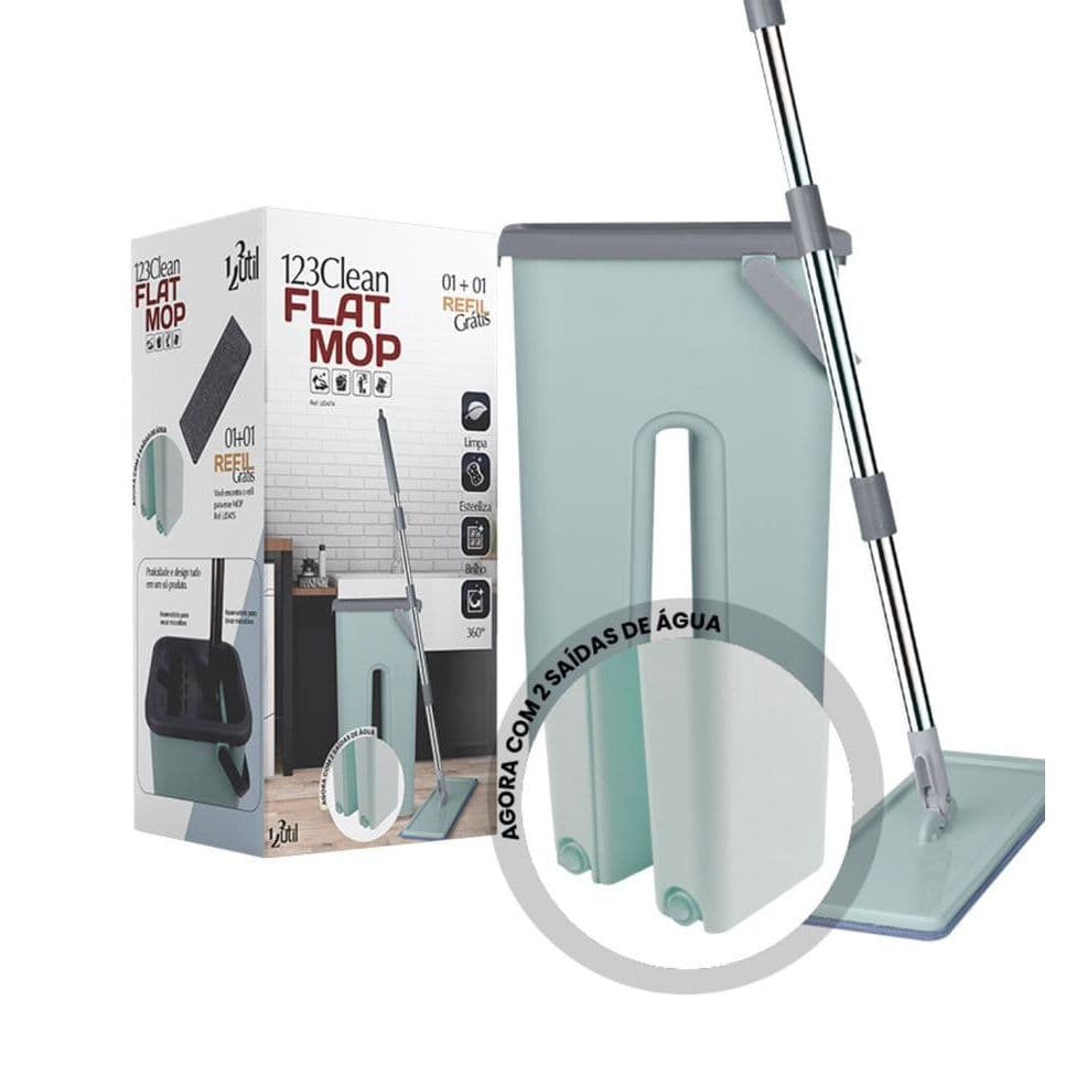 Flat Mop Rodo Esfregão Tira Pó Balde Lava e Seca com 2 Refil Microfibra123Útil
