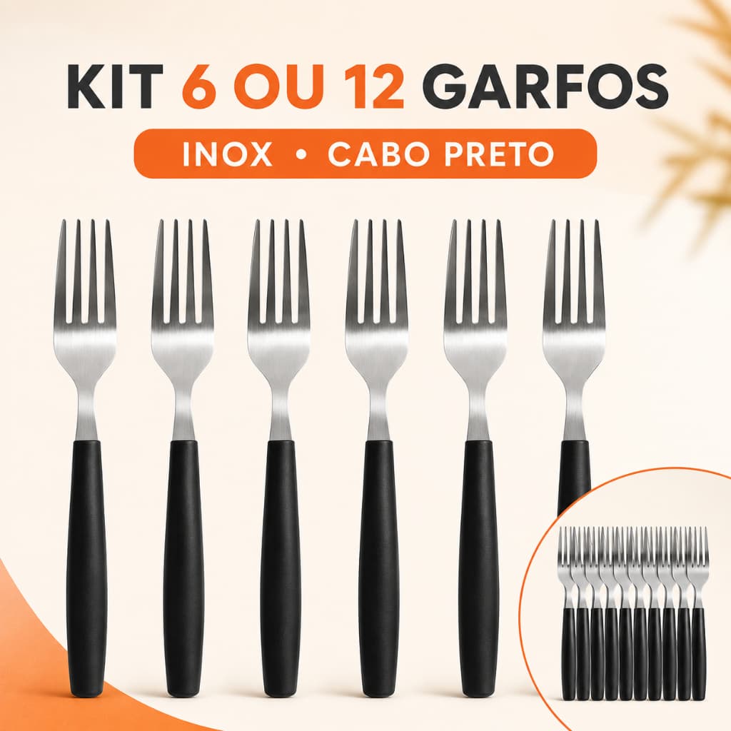 Kit 6 ou 12 Garfos de Mesa Inox Cabo Preto para Casa Restaurante Refeições
