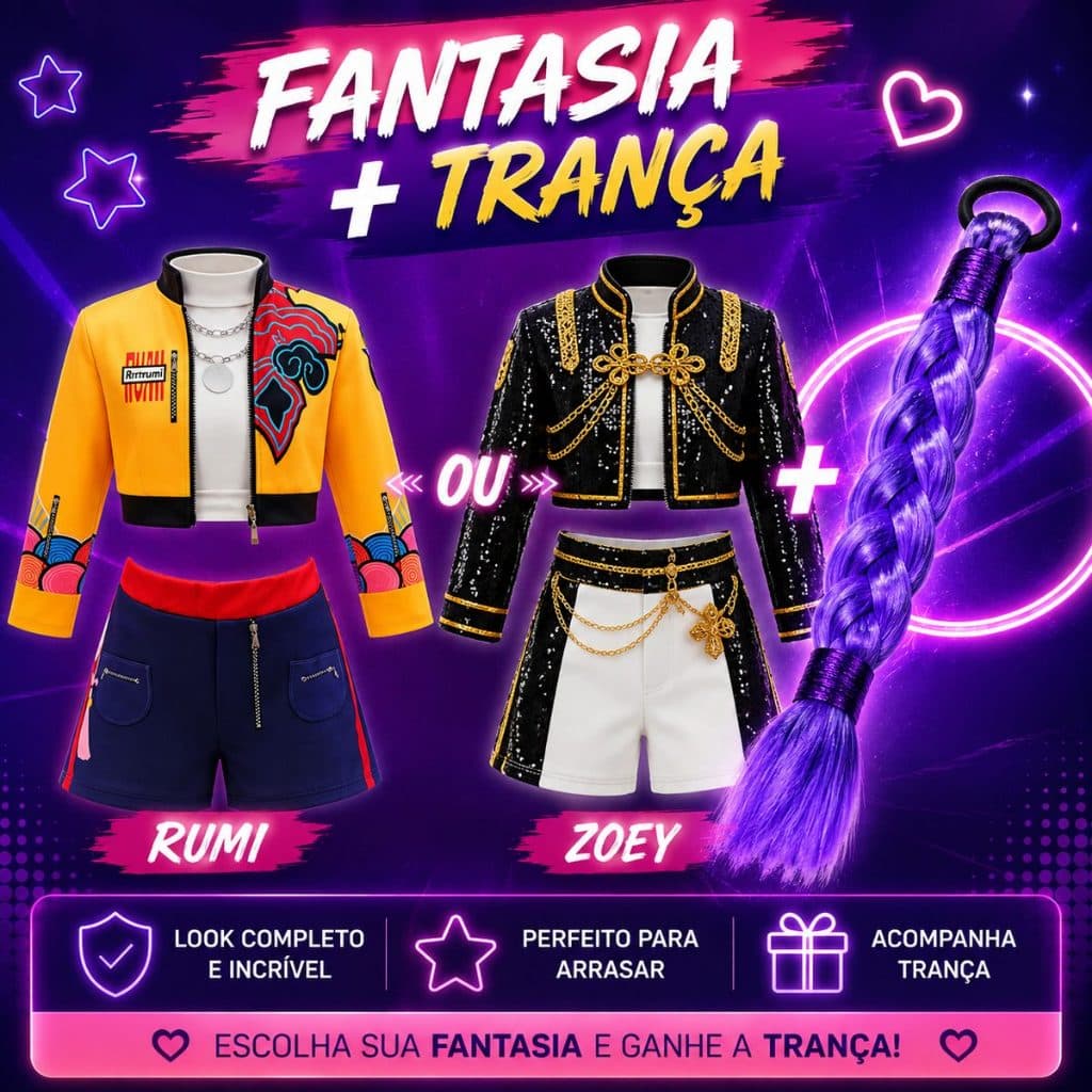 Fantasia KPOP Rumi ou Zoey Infantil + Trança Roxa Guerreira K-POP Cosplay Dança Show Carnaval Dia das Crianças