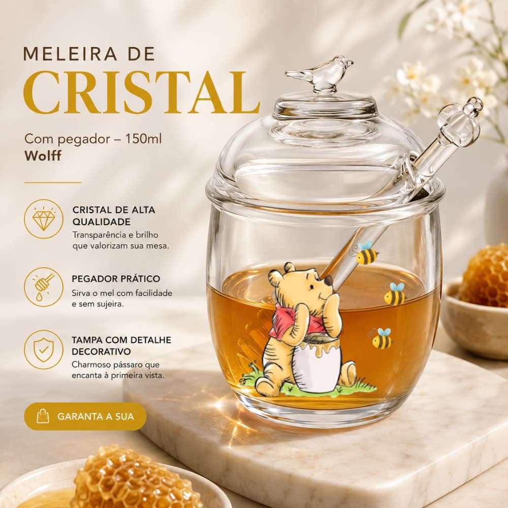 Meleira de Cristal Ursinho Pooh 150ml com Pegador de Mel – Pote de Vidro Decorativo para Mesa – Wolff