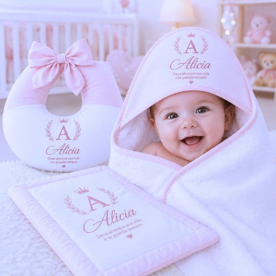 Kit Bebê Premium Personalizado c/ Nome: Almofada Amamentação + Colchonete + Toalha Banho
