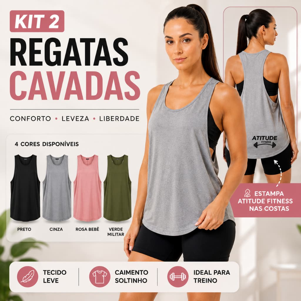 Kit 2 Regatas Femininas Cavadas Viscolycra Costas Nadador Academia Fitness Treino