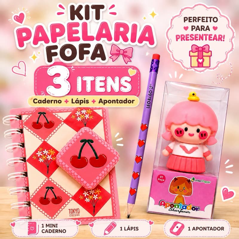 Kit Papelaria Fofa Mini Caderno + Apontador Bonequinha + Lápis Leo&Leo 3 Itens