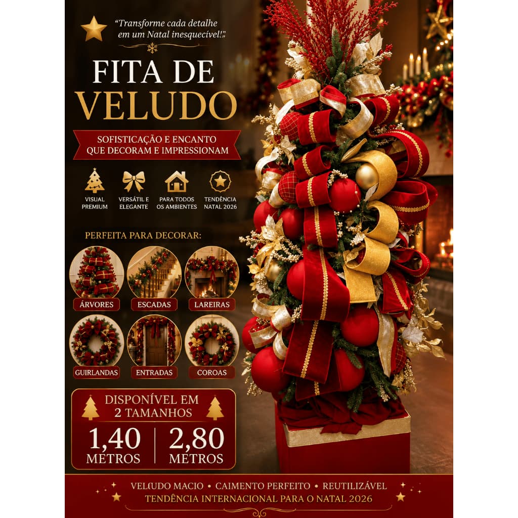 Fita de Veludo Natalina para Decoração de Árvore, Guirlanda, Escada e Lareira | Natal 2026