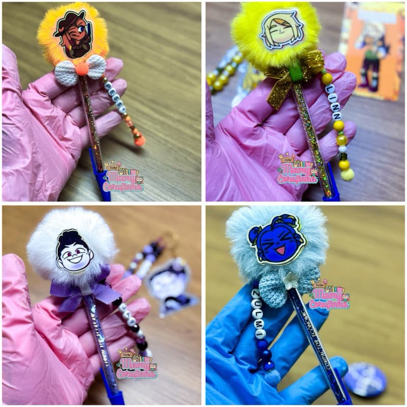 Caneta Pompom Zulmi / Torajo / Azedo /Pessy -Mundo Torajo. caneta escolar com aplique personalizada . Caneta com glitter