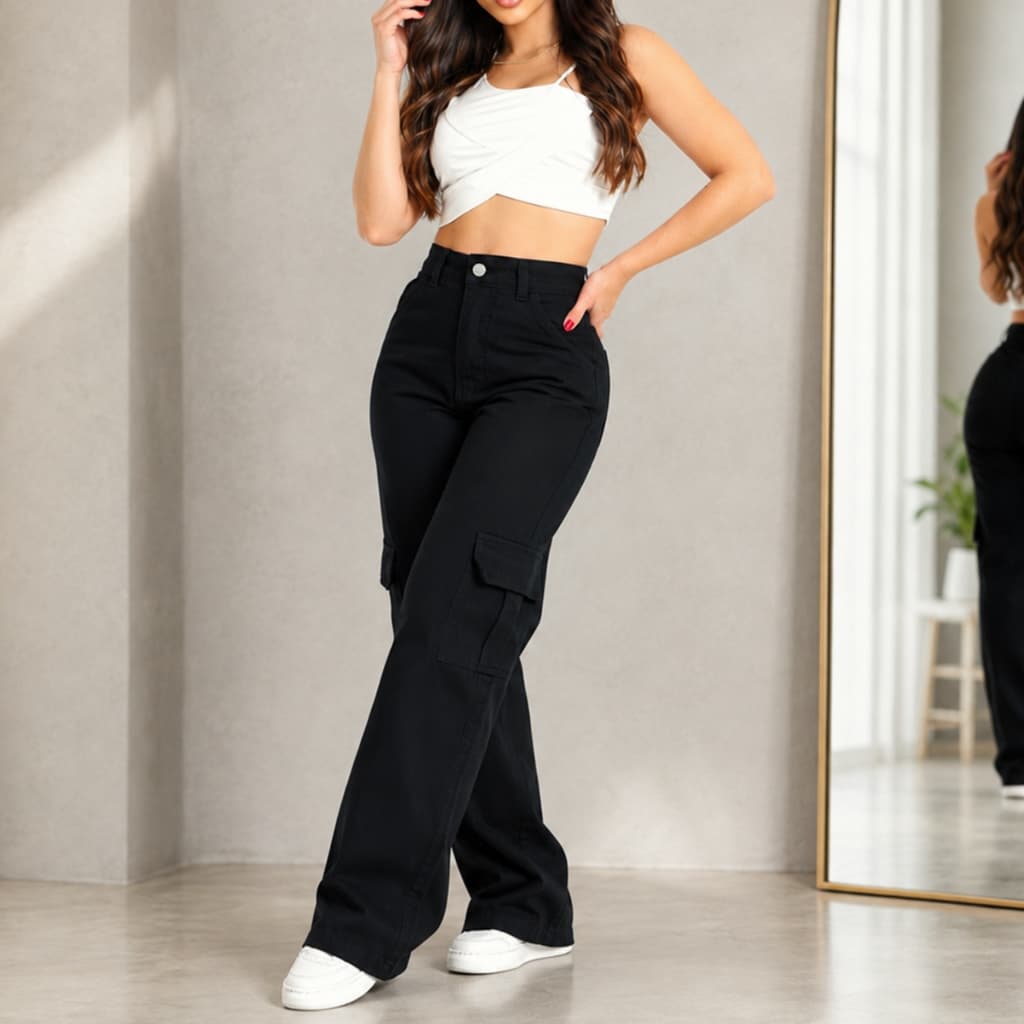 Calça Jeans Wide Leg Cargo Pantalona Cintura Alta Perfeita com bolsos Lateral