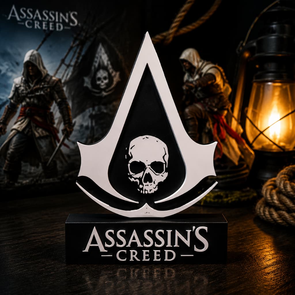 Placa Assassin's Creed Black Flag – Letreiro Gamer Mesa, Enfeite Setup, Caveira 💀⚔️