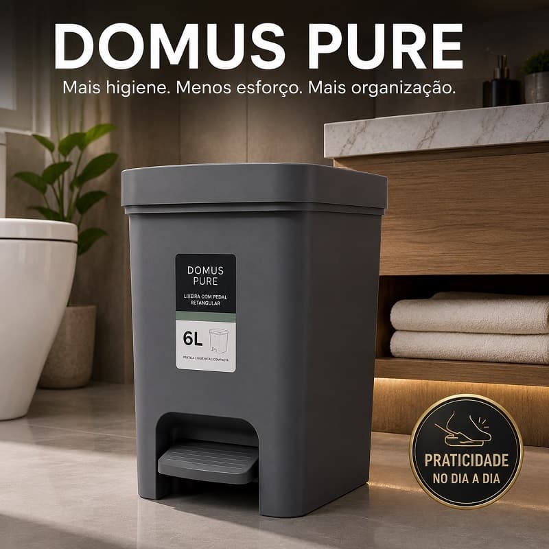 DOMUS PURE - Lixeira 6L com Pedal Retangular Domus Pure Compacta para Banheiro Lavabo