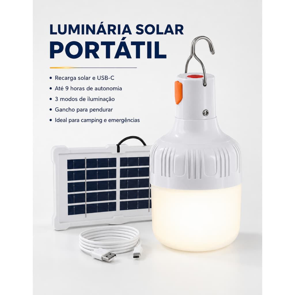 Luminária Solar Portátil com Recarga Solar e USB-C 10W