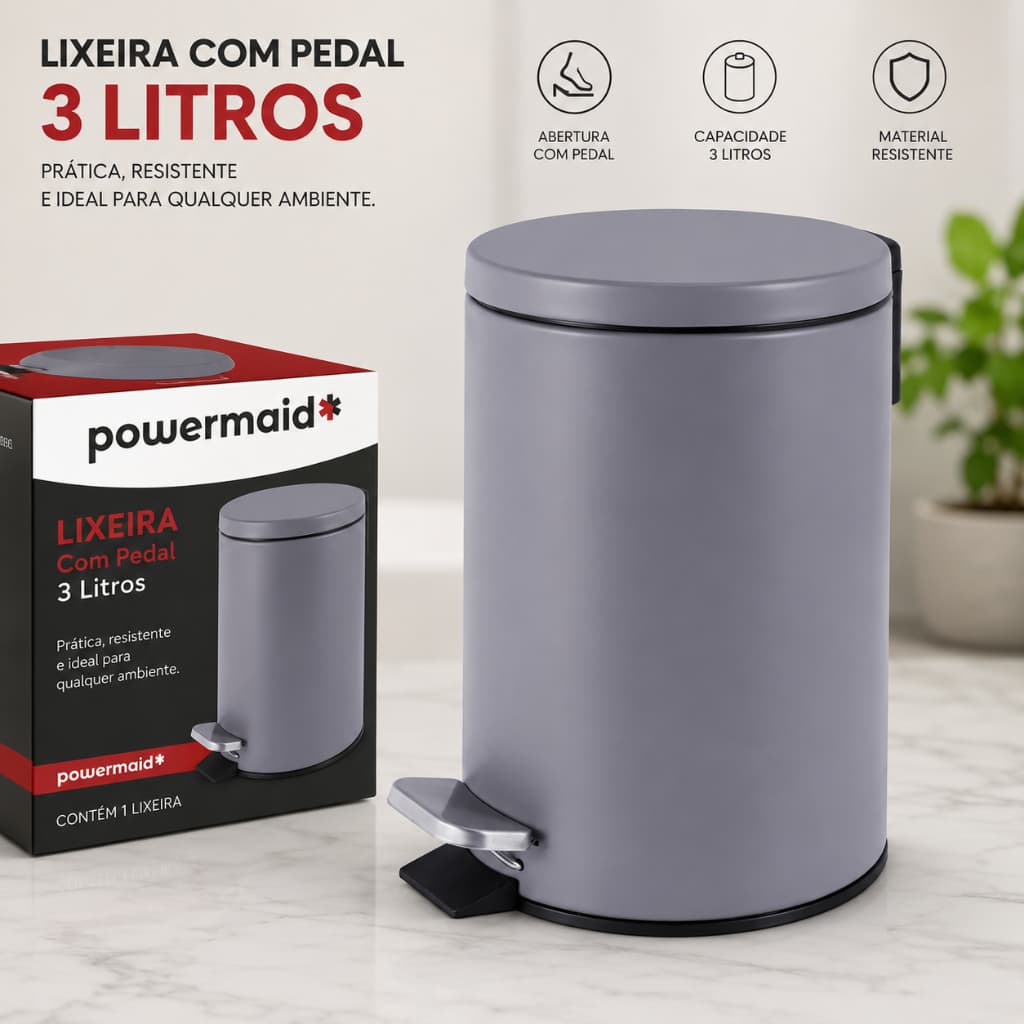Lixeira Aço Inox Premium 3 Litros Com Pedal Antiaderente Acabamento Matte Cozinha Banheiro