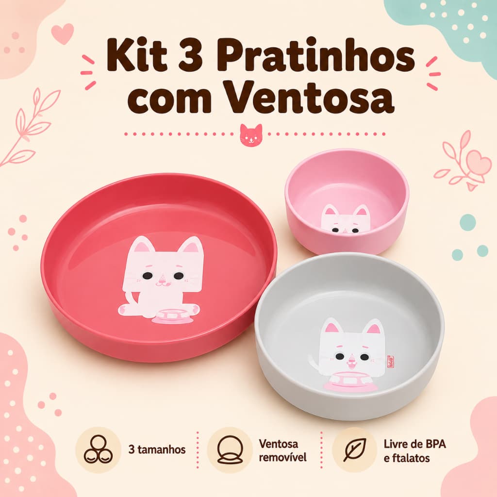 Kit 3 Pratos com Ventosa para Bebê Kouii Gata Mia | Pratinho Infantil Introdução Alimentar Livre de BPA
