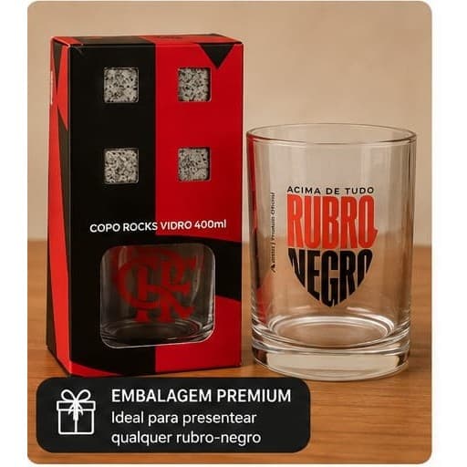Copo Rocks Flamengo 400ml Vidro com 4 Cubos de Pedra