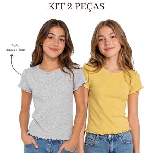 Kit 2 Peças Blusa Baby Look Juvenil Camiseta Feminina Babado FruFru  Dia a Dia Confortável