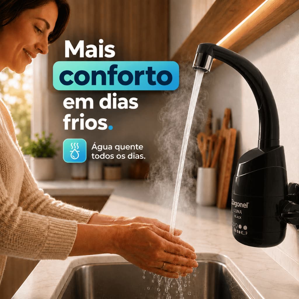 Torneira Elétrica Zagonel Luna 127v 220v 5500w 4 Temperaturas Preta Parede Cozinha Água Quente