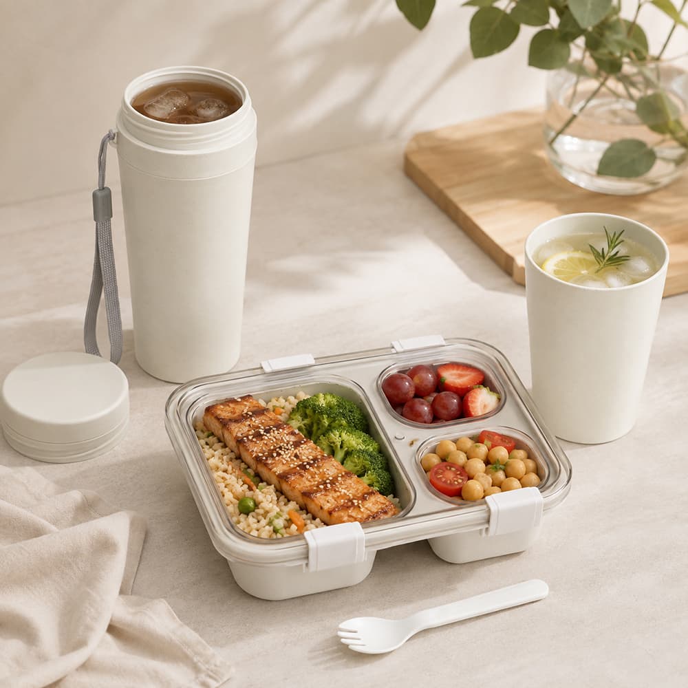 Marmita Hermética de Palha de Trigo com Talheres de Bambu 800ml e PP Kit Copo Termico Copo Palha de Trigo