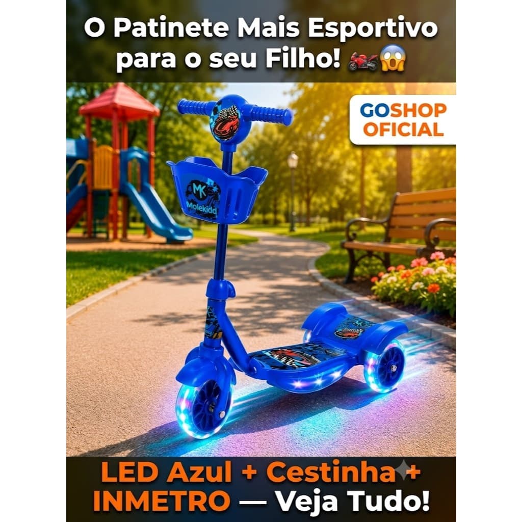 Patinete 3 Rodas Dobrável Som Luz LED Rosa Azul Cestinha Menina Menino Freio Enfeites +3 Anos Inmetro