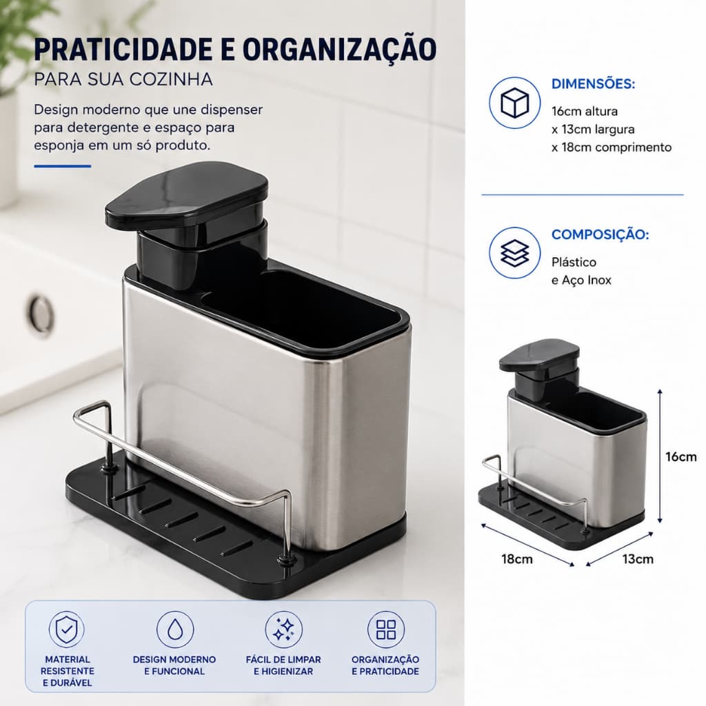 Organizador de Pia com Porta-Detergente e Porta-Esponja – Aço Inox