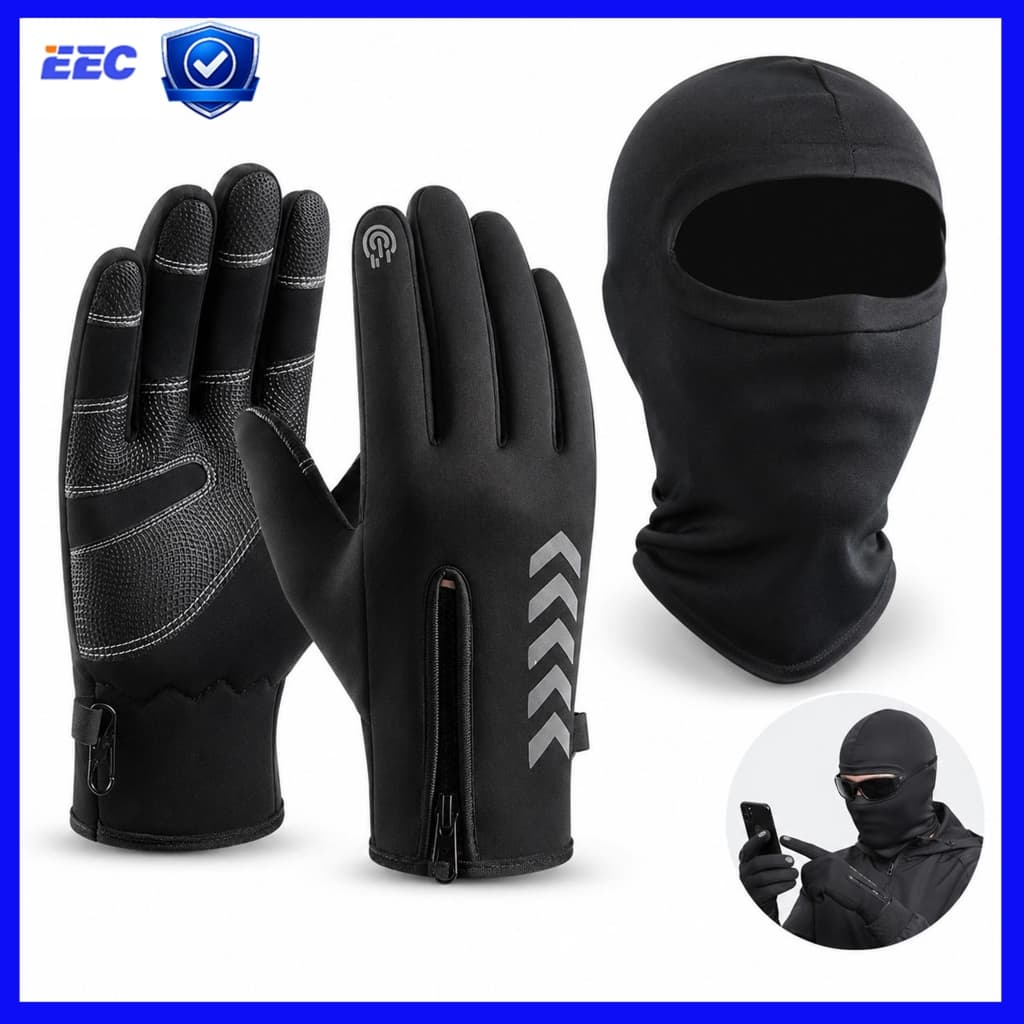 Outdoor 2-Piece Protective Kit: Balaklava Hat, Face Mask, Gloves, Touchscreen Fleece, Motorcycle Riding