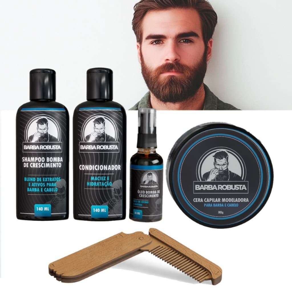 Kit Barba Masculino Barba Robusta Shampoo, Condicionador, Óleo, Cera Modeladora e Pente
