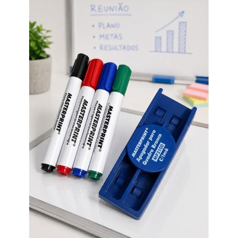 Kit Caneta Pincel Lousa Quadro Branco Recarregáveis 4 Cores + Apagador Imã Quadro Branco Masterprint