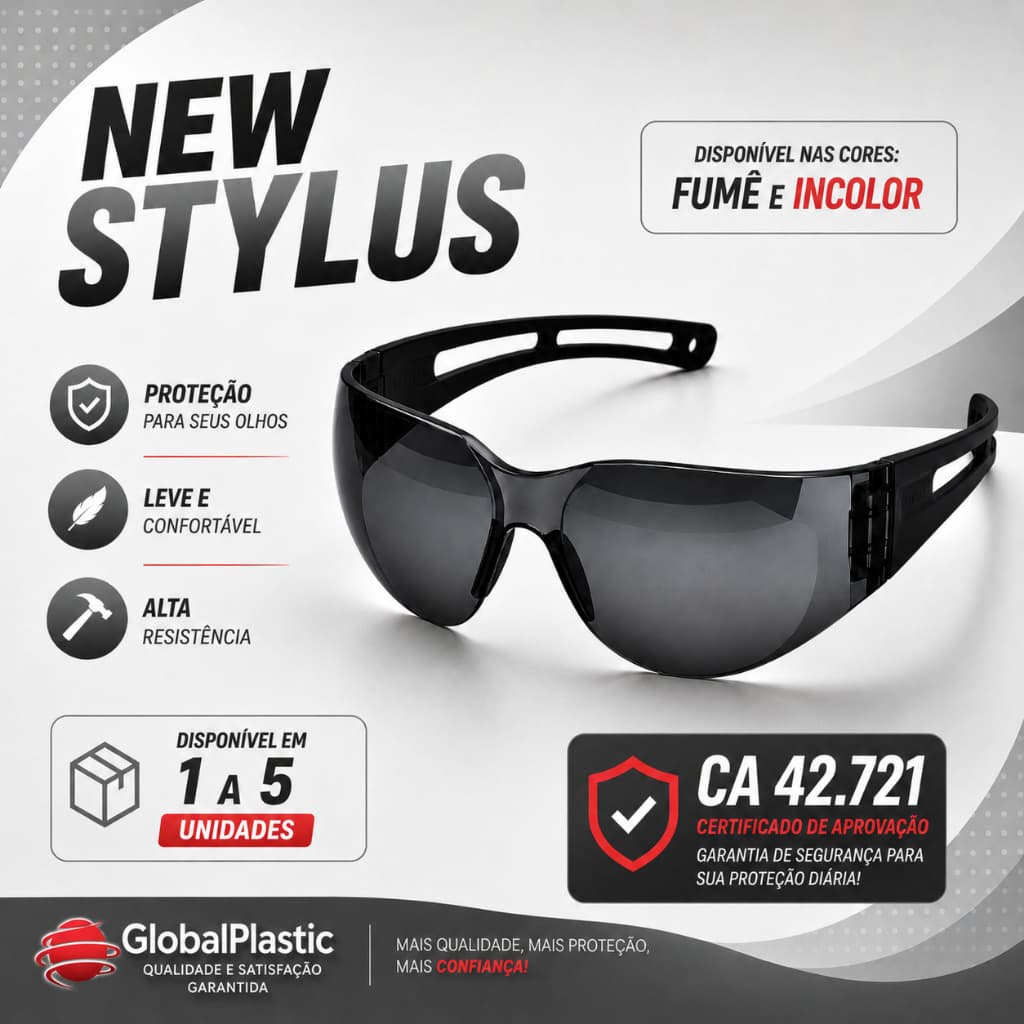 Óculos EPI New Stylus Incolor CA 42721 Policarbonato Antirrisco Proteção UV para Indústria e Obra