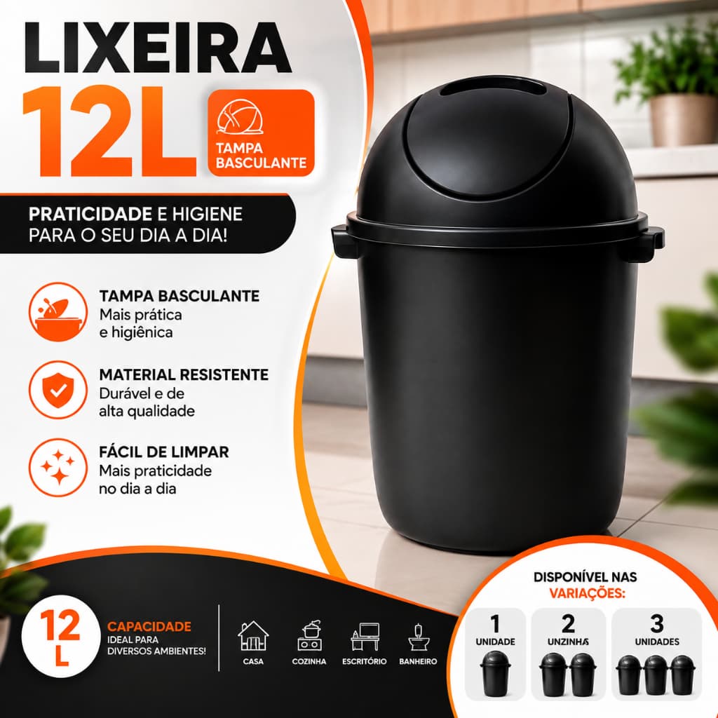 Lixeira 12 Litros Preta com Tampa Basculante para Cozinha Banheiro Escritório Resistente