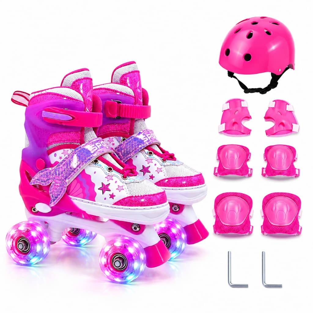 Patins Sereia Rosa Pink Infantil Menina 4 Rodas Sports Regulável luz de LED Com ou Sem Kit de Segurança