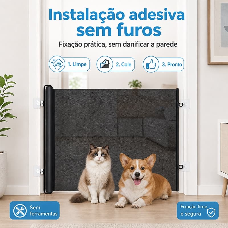 Portão Segurança Retrátil Ajustável 110/150/180cm, Antipulo para Cães e Gatos, Barreira para Portas e Escadas sem Furos.